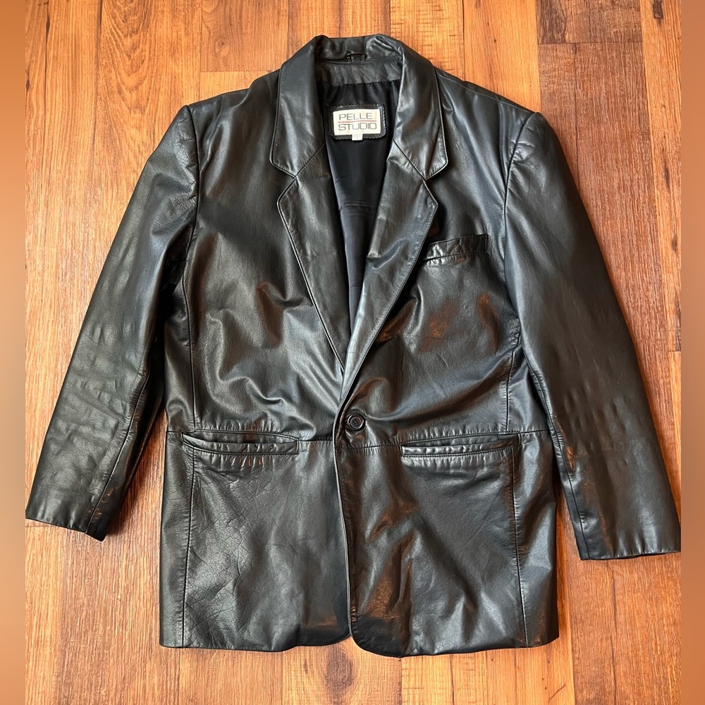 Pelle Studio Men’s Medium Black Leather One Button Full Zip Jacket Scuffs